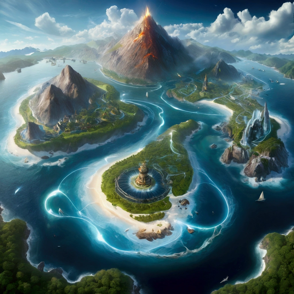 A detailed and complex topographical map of the mysterious island,Composed of different elemental materials, Wide-angle lens,(Best quality,4K,8k,high resolution,masterpiece:1.2),Ultra Detail,fantasy,Volumetric Lighting,panoramic,hurricane,闪electricity,electricity,flame,ice,gem,cloud, Metal Buildings,Wood texture