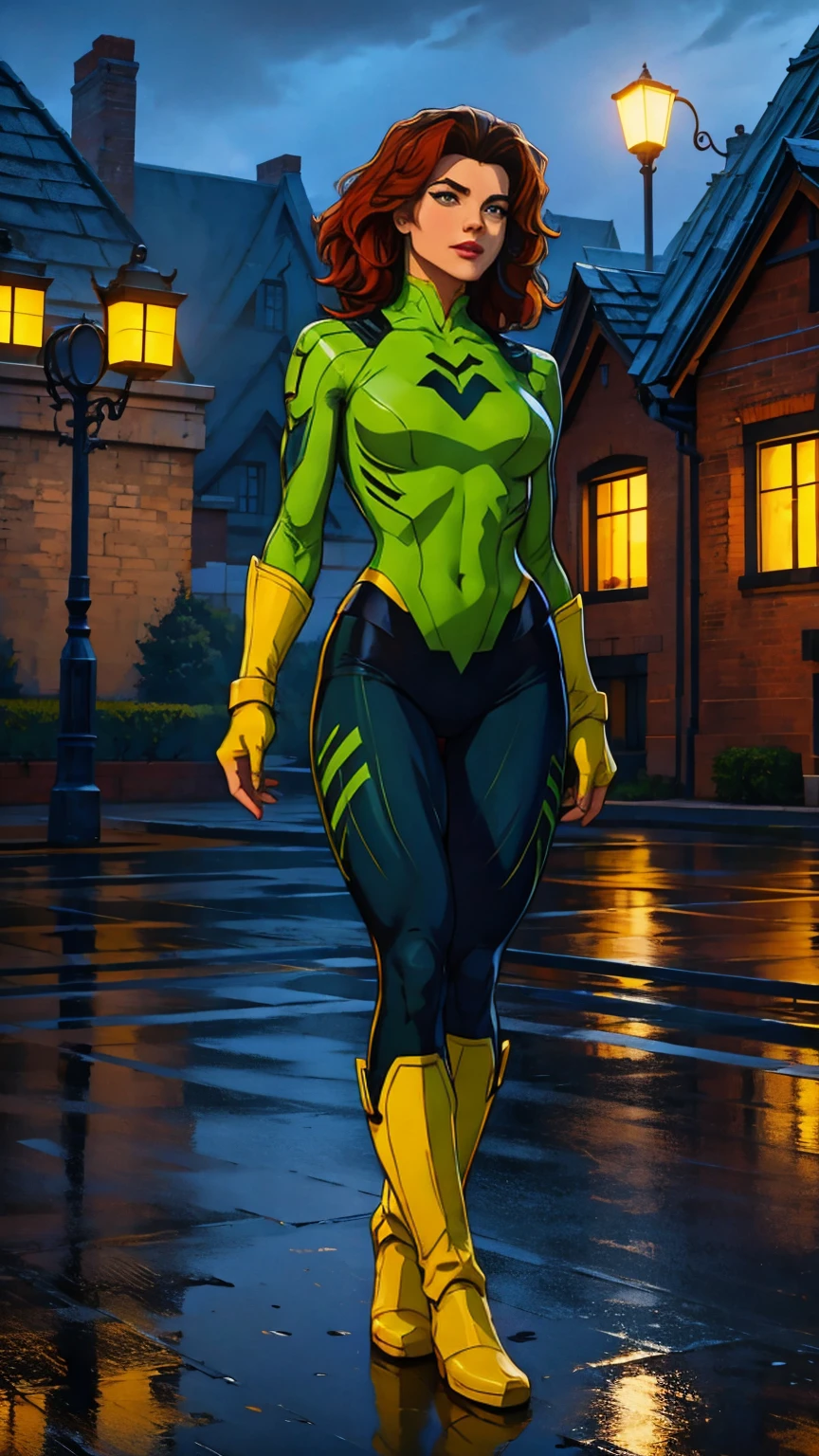 ((Full body photo, standing, feet on the ground)) (best quality, 4k, 8k, high resolution, cyclist body, masterpiece: 1,2), ultra-detailed, (realistic, photorealistic, photorealistic: 1, 37), full body photo, Rogue, X-Men, yellow high boots, beauty pose, standing, show feet, outside, city roof at night, green bandana
