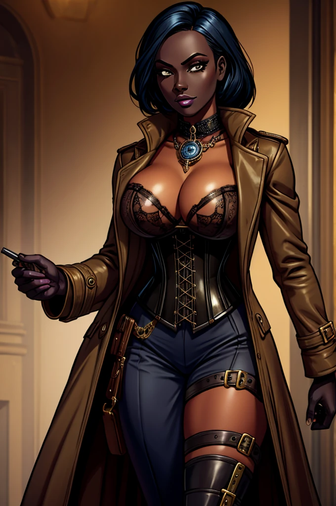 Butch Henchwoman, dark elf, drow,brass,coat,steampunk,corset,straps
