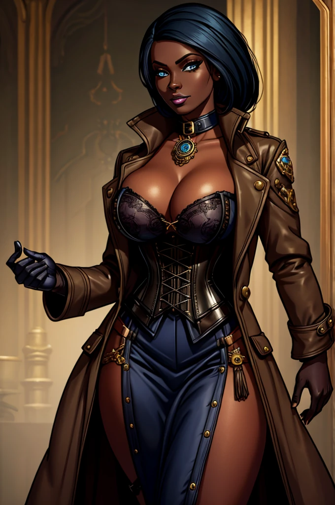 Butch Henchwoman, black skin, drow,brass,coat,steampunk,corset,straps
