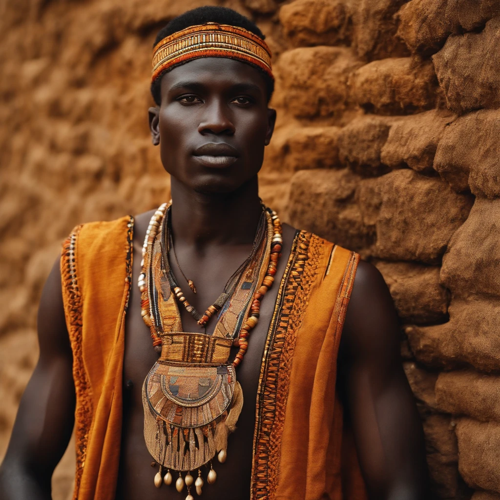 Homme noir ouest-africain taille 180cm âgé de 29ans beau avec un peau noir claire porte des vêtements traditionnels africains décoré de motifs africains. Un regards triste et enragé 