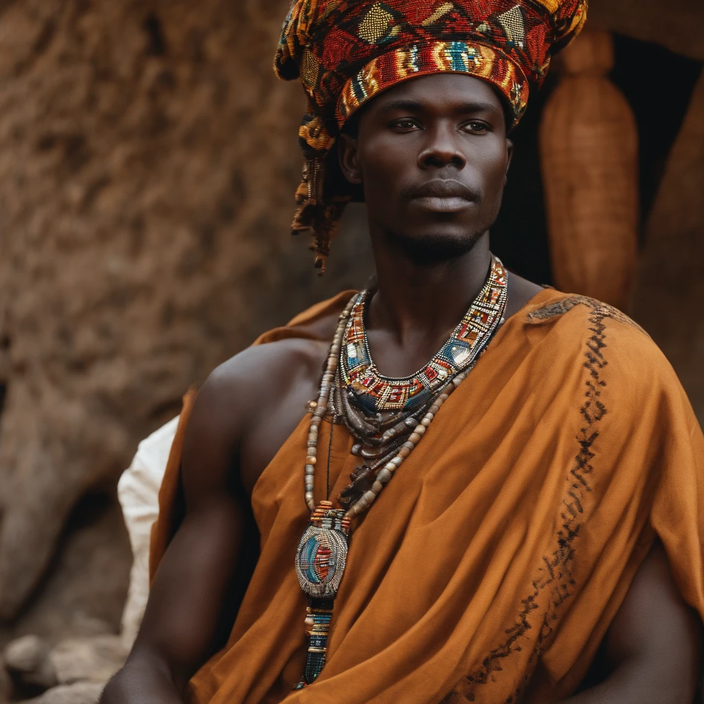 Homme noir ouest-africain taille 180cm âgé de 29ans beau avec un peau noir claire porte des vêtements traditionnels africains décoré de motifs africains. Un regards triste et enragé 