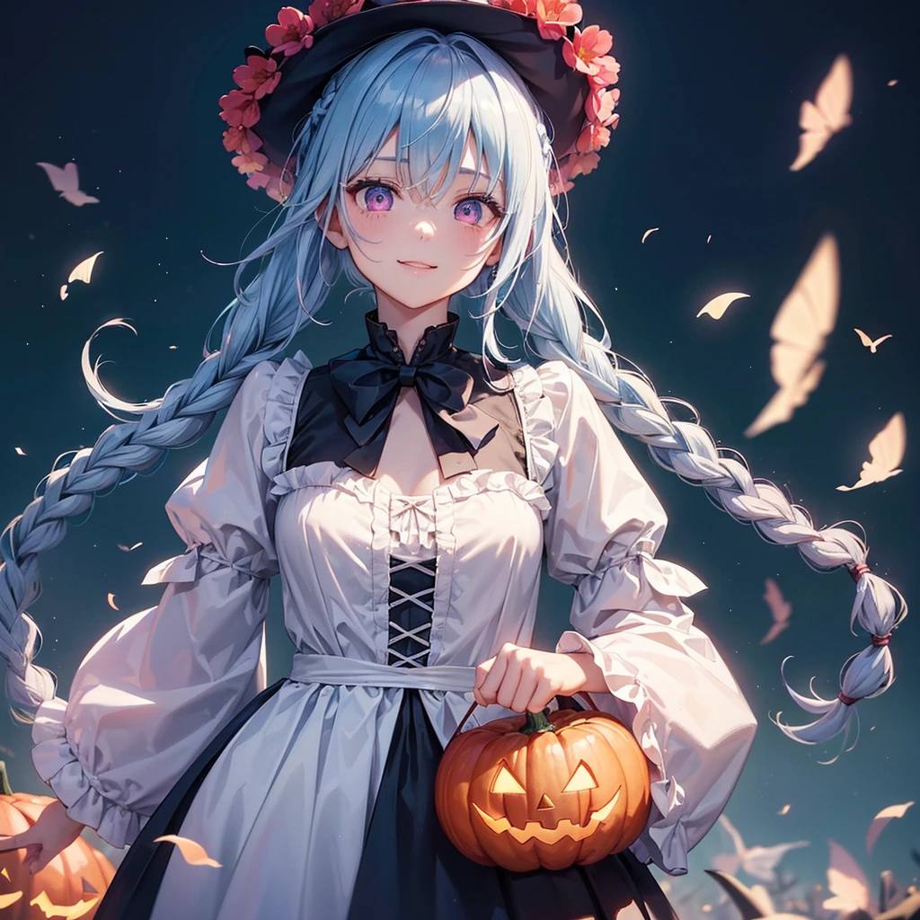 (Light blue medium hair),(Braided hair tied together)、Pink eyes、Fair skin、cowboy shot、Halloween、The background is a pumpkin ghost、Trick or Treat、A lot of sweets、witch、Halloweenナイトパーティー、Candy、Cosplay、A surprising smile、A dignified figure、solo、(masterpiece、Highest quality、Very detailed、Best Shadow)、(Detailed Background)、(Beautifully detailed face)、High contrast、(Best lighting、Very delicate and beautiful)、(Cinematic Light)、colorful、Hyper Detail、Dramatic Light、Exquisite detail、