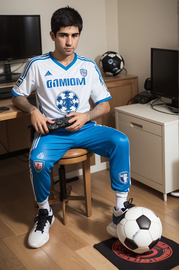 Embroidered hoop with a video game controller and a soccer ball, with the names Bernardo and Riquelme