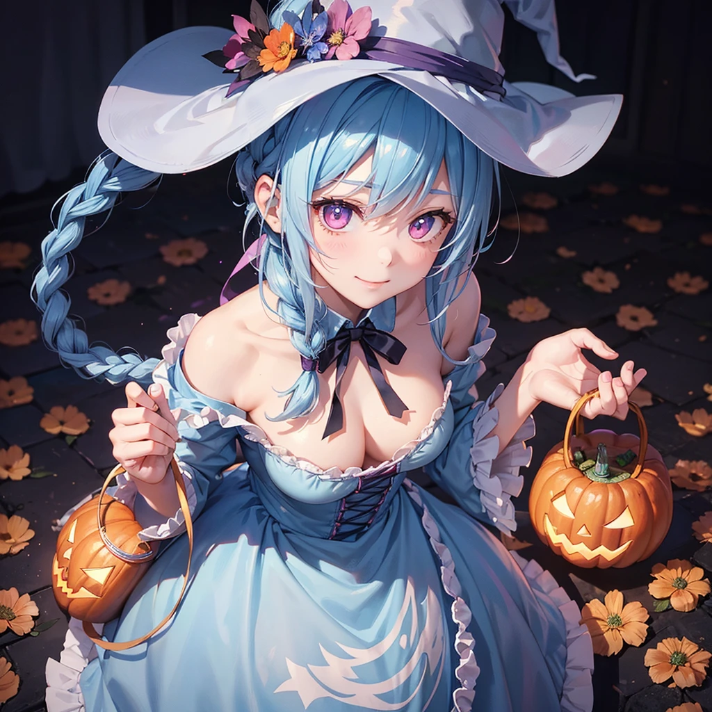 (Light blue medium hair),(Braided hair tied together)、Pink eyes、Fair skin、cowboy shot、Halloween、The background is a pumpkin ghost、Trick or Treat、A lot of sweets、witch、Halloweenナイトパーティー、Candy、Cosplay、A surprising smile、A dignified figure、solo、(masterpiece、Highest quality、Very detailed、Best Shadow)、(Detailed Background)、(Beautifully detailed face)、High contrast、(Best lighting、Very delicate and beautiful)、(Cinematic Light)、colorful、Hyper Detail、Dramatic Light、Exquisite detail、