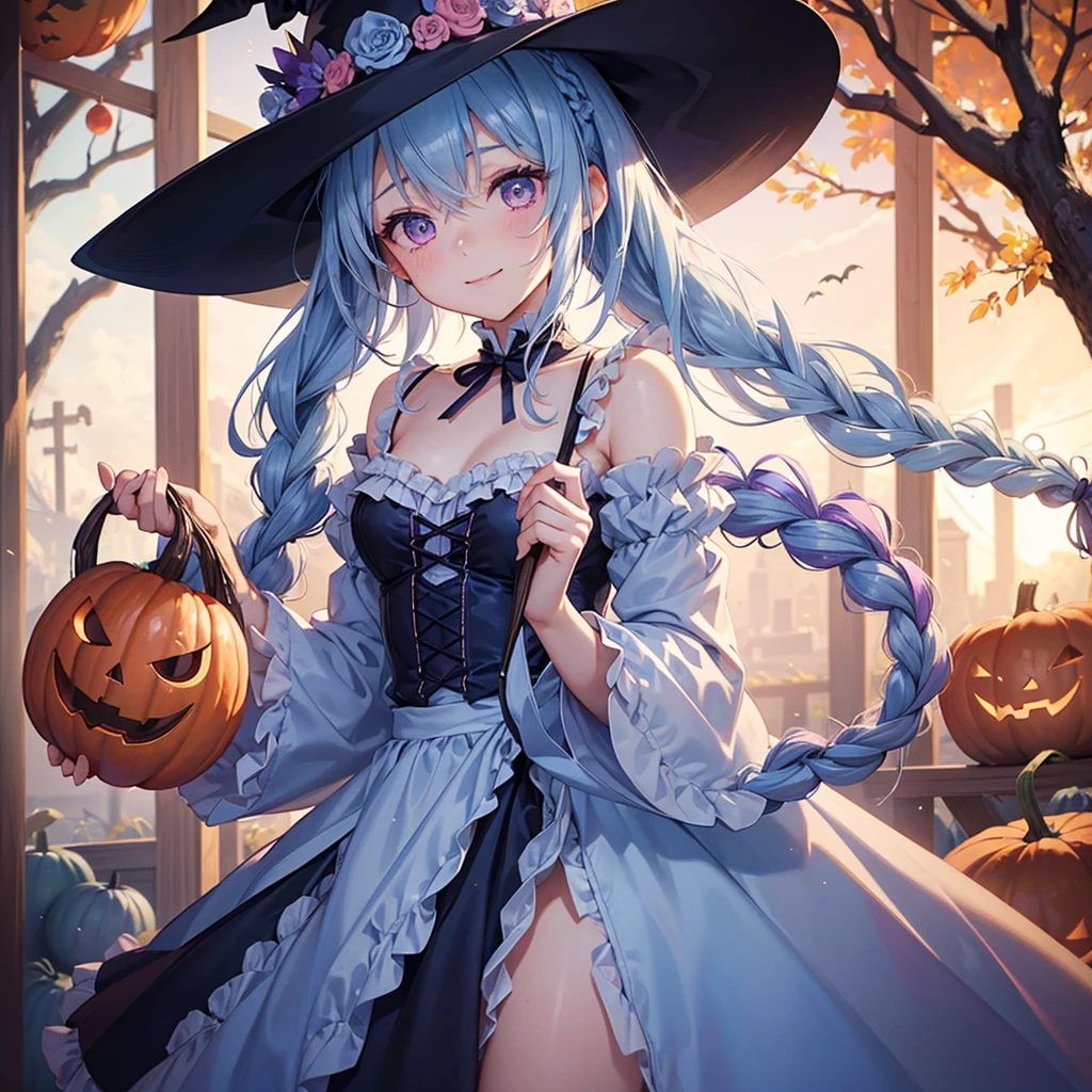 (Light blue medium hair),(Braided hair tied together)、Pink eyes、Fair skin、cowboy shot、Halloween、The background is a pumpkin ghost、Trick or Treat、A lot of sweets、witch、Halloweenナイトパーティー、Candy、Cosplay、A surprising smile、A dignified figure、solo、(masterpiece、Highest quality、Very detailed、Best Shadow)、(Detailed Background)、(Beautifully detailed face)、High contrast、(Best lighting、Very delicate and beautiful)、(Cinematic Light)、colorful、Hyper Detail、Dramatic Light、Exquisite detail、