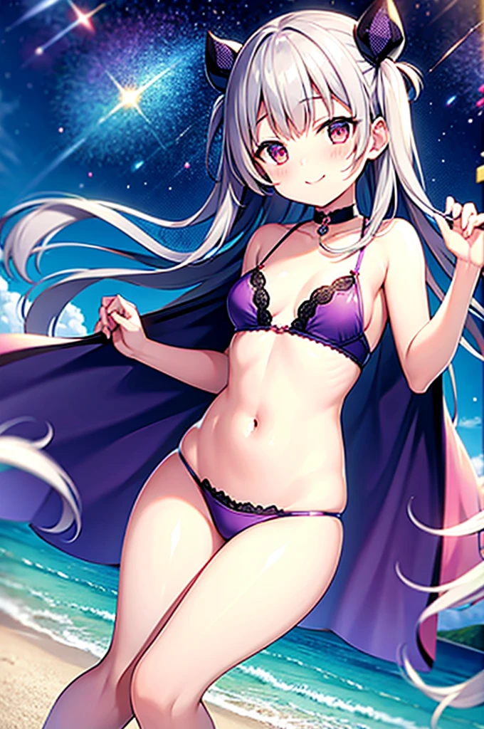 Himari Meimei, masterpiece, Voluptuous thighs, petit body, little young girl, flat chest, {1 Girl}, Cute and erotic smile, Highly detailed sparkling purple eyes, summer night, fireworks, 困り眉, open legs, legs up, brilliant silver grey hair, lying on beach bed,