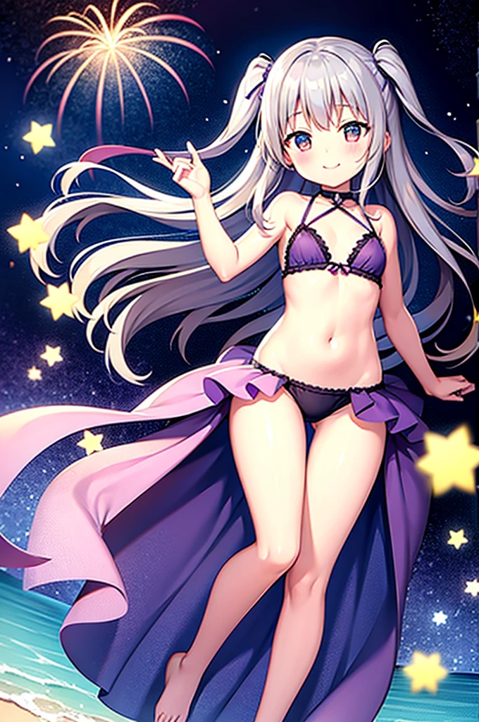 Himari Meimei, masterpiece, Voluptuous thighs, petit body, little young girl, flat chest, {1 Girl}, Cute and erotic smile, Highly detailed sparkling purple eyes, summer night, fireworks,  困り眉, open legs, legs up, brilliant silver grey hair, lying on beach bed, 