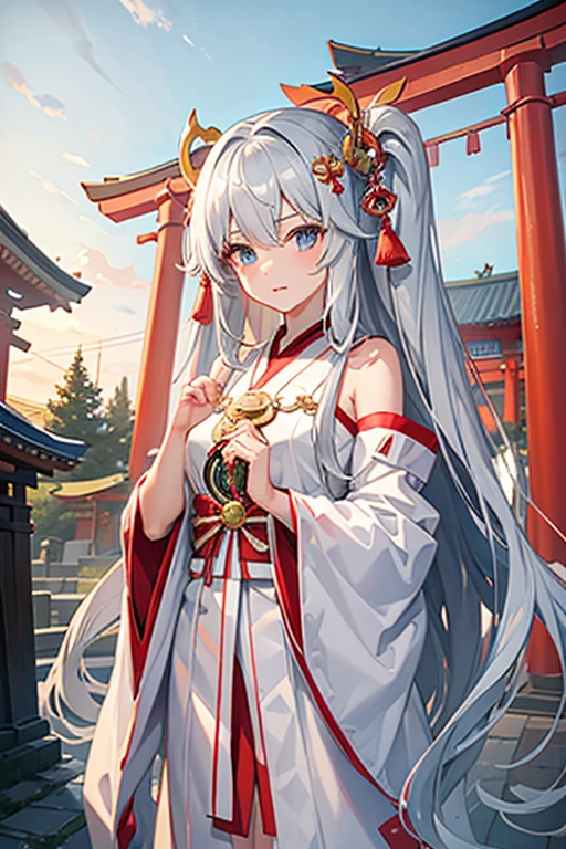masterpiece, Highest quality, High resolution,Follow the on-screen instructions、Anime Style、Follow the prompts、One Girl、Long silver hair、shrine、Miko costume、cute、In front of the torii gate