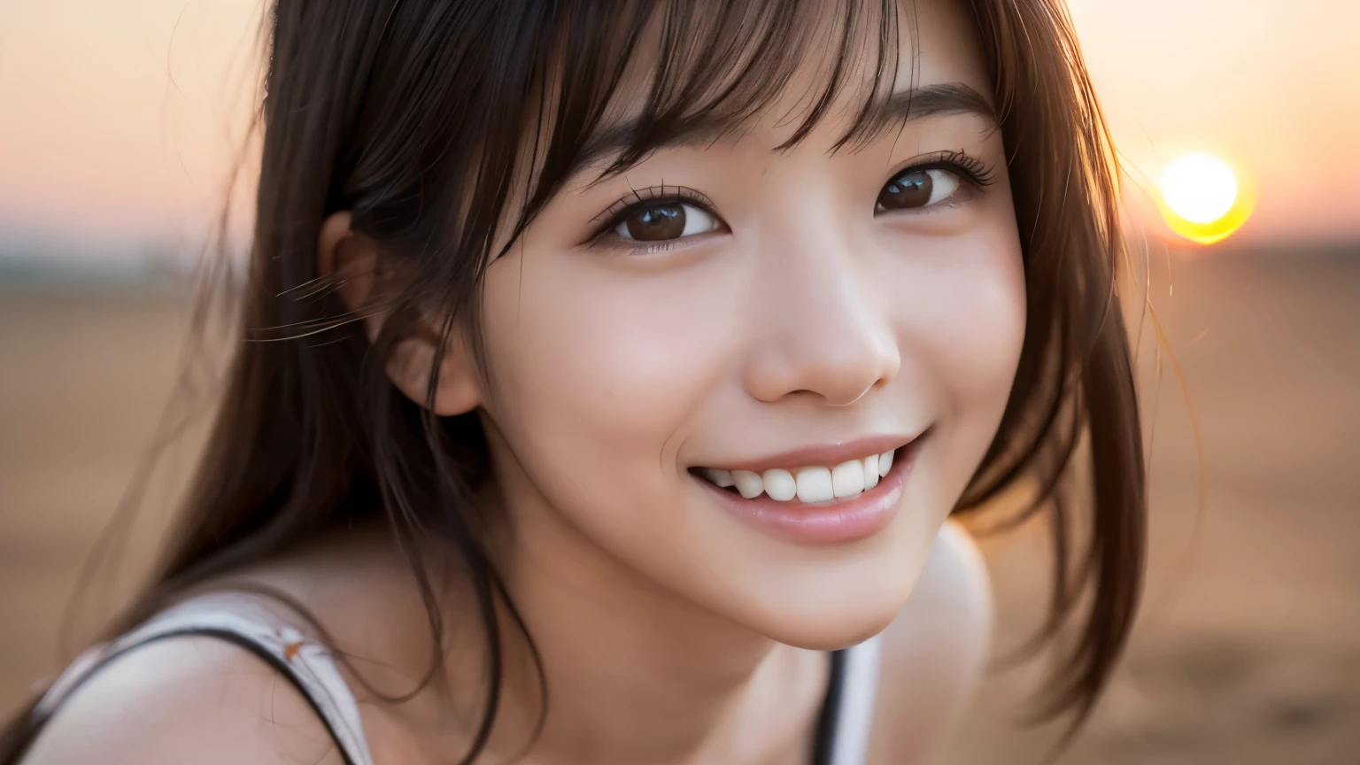 8k, (超Realistic: 1.35), (Realistic: 1.4), A beautiful Japanese woman, smile, One person, light makeup, masterpiece, 超High resolution, High resolution, One person, nude、 Puberty, One personの少女, ((Perfect body)), ((Best image quality)), ((Hello)), ((Very delicate and beautiful)), ((Very shallow depth of field)), Hmph, ((Incredibly shallow depth of field. Familiar)), (((Very delicate and beautiful))), (((Very shallow depth of field))), Hmph, (((Unbelievably absurd))), (((Perfect body))), (((Looking into the camera)))), (((Normal size breasts))), (((Serious face))), (((Hair can be long or short))), myself+background, Dynamic Angle, Focus on women, {Particles of light}、 詳細なbackground、((Paul Hedley))、Soft lighting、(dramatic)sunset、sunset、とても美しいsunset、Live Action、Genuine、Top Angle、かわいいsmile、(backgroundぼかし)、17 years old、thin、((Wind))、((Movement))、((emotion))、((colorful))、((Baby Face))、((Beautiful Teeth))、穏やかな海のbackground。