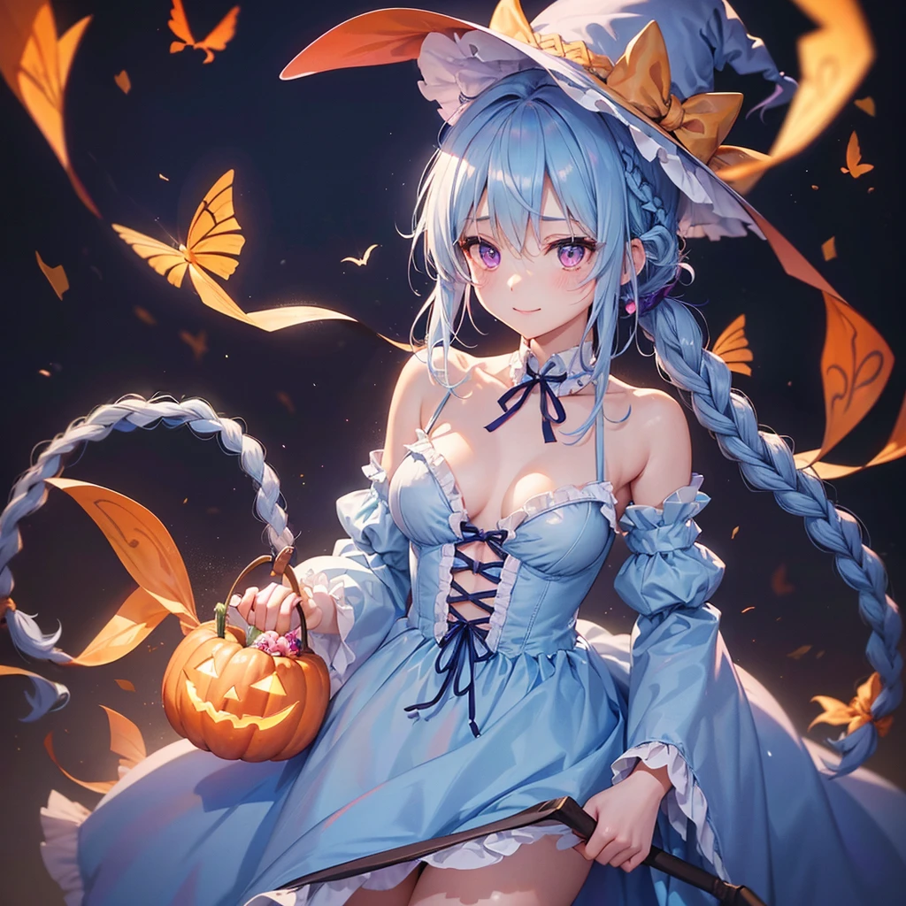 (Light blue medium hair),(Braided hair tied together)、Pink eyes、Fair skin、cowboy shot、Halloween、The background is a pumpkin ghost、Trick or Treat、A lot of sweets、witch、Halloweenナイトパーティー、Candy、Cosplay、A surprising smile、A dignified figure、solo、(masterpiece、Highest quality、Very detailed、Best Shadow)、(Detailed Background)、(Beautifully detailed face)、High contrast、(Best lighting、Very delicate and beautiful)、(Cinematic Light)、colorful、Hyper Detail、Dramatic Light、Exquisite detail、