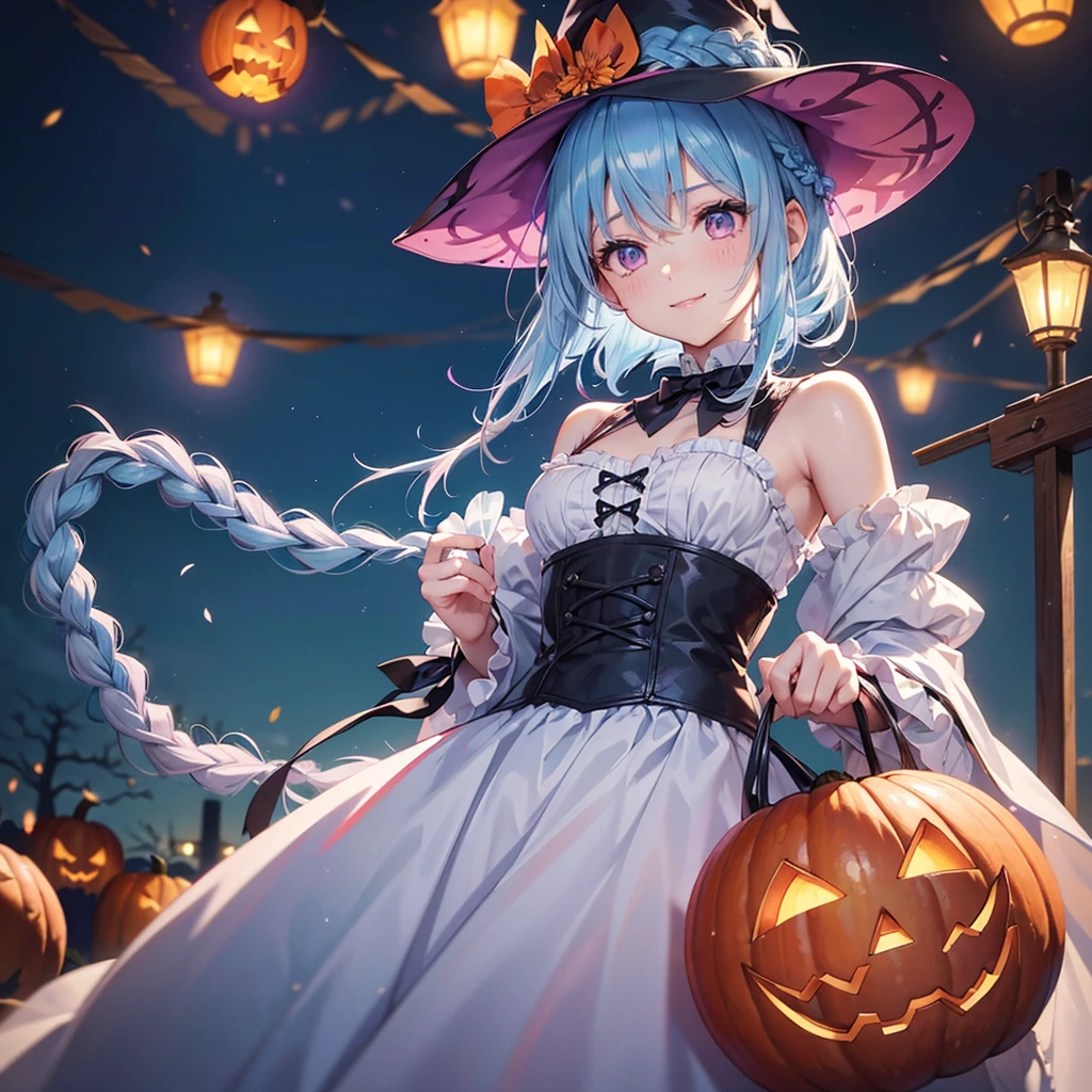 (Light blue medium hair),(Braided hair tied together)、Pink eyes、Fair skin、cowboy shot、Halloween、The background is a pumpkin ghost、Trick or Treat、A lot of sweets、witch、Halloweenナイトパーティー、Candy、Cosplay、A surprising smile、A dignified figure、solo、(masterpiece、Highest quality、Very detailed、Best Shadow)、(Detailed Background)、(Beautifully detailed face)、High contrast、(Best lighting、Very delicate and beautiful)、(Cinematic Light)、colorful、Hyper Detail、Dramatic Light、Exquisite detail、