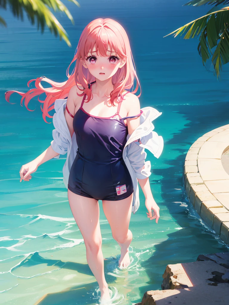 Random patterned swimsuit、Random patterned swimsuit,Swimsuit,Blushing、Medium semi-long hair、Pink Hair、Pale pink eyes　、Head to toe full body、Blushing、Embarrassed look、Composition from the front、A view from slightly below、school swimwear、Acme Face、Random pose、, 、nsfw、Highest quality、1 girl、solo、Ocean、Sandy Beach、Sexy pose、Random pose、Blushing、wet、Embarrassed、I can see half of my 、、One piece swimsuit、(Strap slip:1.3)、