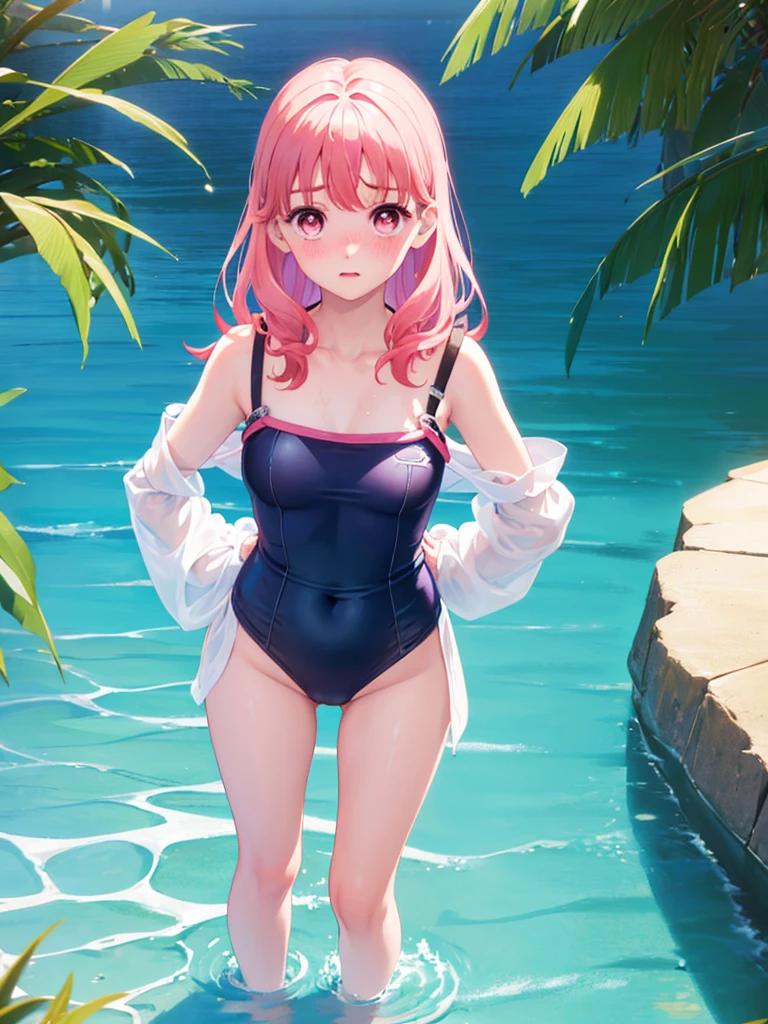 Random patterned swimsuit、Random patterned swimsuit,Swimsuit,Blushing、Medium semi-long hair、Pink Hair、Pale pink eyes　、Head to toe full body、Blushing、Embarrassed look、Composition from the front、A view from slightly below、school swimwear、Acme Face、Random pose、, 、nsfw、Highest quality、1 girl、solo、Ocean、Sandy Beach、Sexy pose、Random pose、Blushing、wet、Embarrassed、I can see half of my 、、One piece swimsuit、(Strap slip:1.3)、