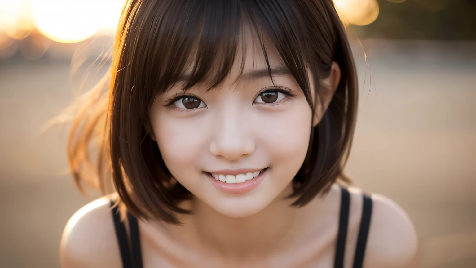 8k, (超Realistic: 1.35), (Realistic: 1.4), A beautiful Japanese woman, smile, One person, light makeup, masterpiece, 超High resolution, High resolution, One person, nude、 Puberty, One personの少女, ((Perfect body)), ((Best image quality)), ((Hello)), ((Very delicate and beautiful)), ((Very shallow depth of field)), Hmph, ((Incredibly shallow depth of field. Familiar)), (((Very delicate and beautiful))), (((Very shallow depth of field))), Hmph, (((Unbelievably absurd))), (((Perfect body))), (((Looking into the camera)))), (((Normal size breasts))), (((Serious face))), (((Hair can be long or short))), myself+background, Dynamic Angle, Focus on women, {Particles of light}、 詳細なbackground、((Paul Hedley))、Soft lighting、(dramatic)sunset、sunset、とても美しいsunset、Live Action、Genuine、Top Angle、かわいいsmile、(backgroundぼかし)、、thin、((Wind))、((Movement))、((emotion))、((colorful))、((Baby Face))、((Beautiful Teeth))、穏やかな海のbackground。