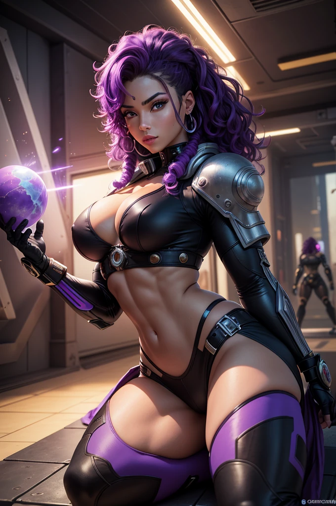 A beautiful, exuberant and young warrior android with black features, clone da deusa grega athena, with giant breasts, transformed into a super sensual and extremely muscular astronaut, fitness, fit bodybuilder and weightlifter, wearing very short, purple and very curly hair in locks, wearing cyberpunk battle clothes, exploring a mysterious planet in a sci-fi environment, sitting in the captain&#39;s chair in the control room and piloting a powerful spaceship and using a large handwriting "a" on his uniform and tattooed on his face in the form of a barcode