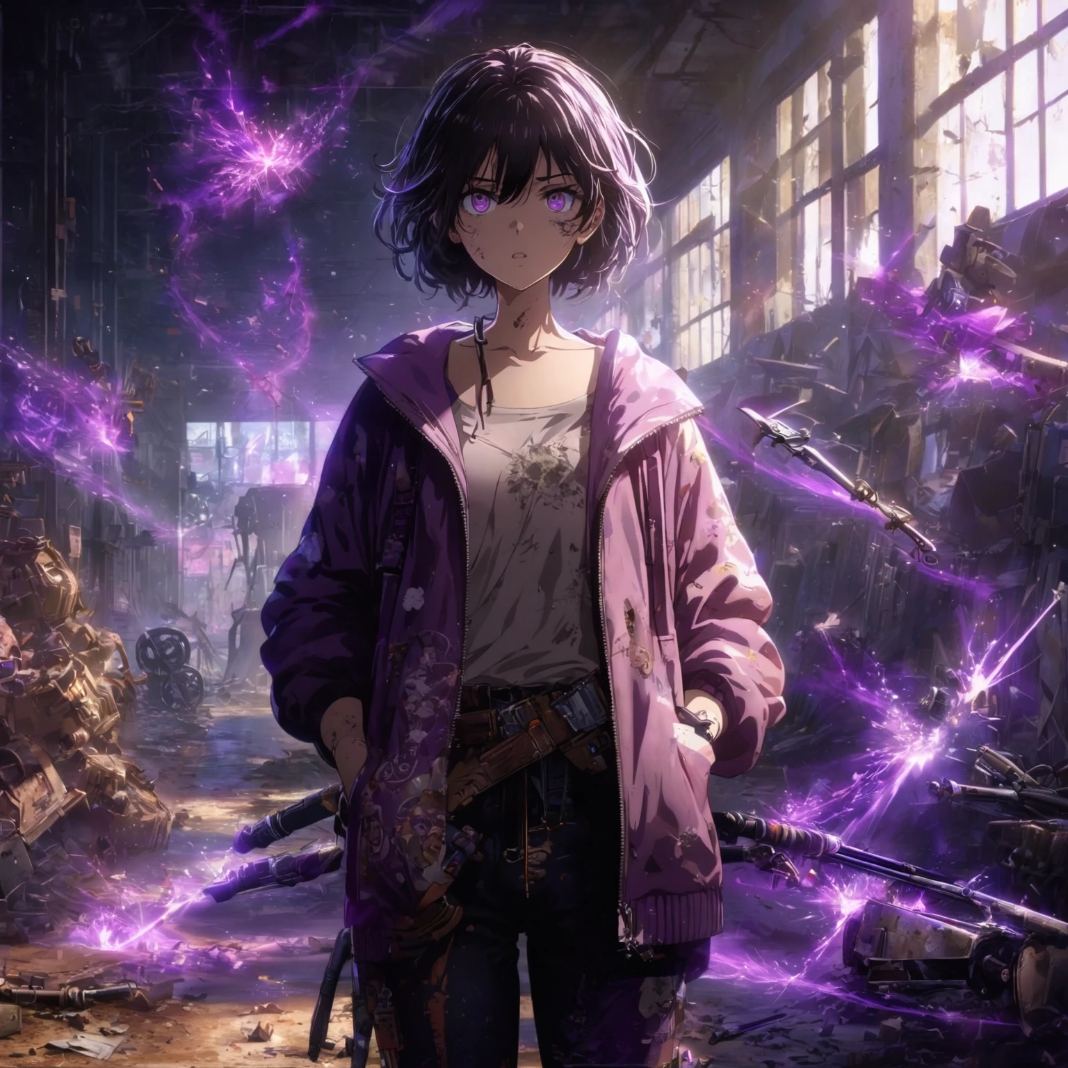 a lady Wearing a very unique casual styled outfit, purple shadows hollow surrounding her, her expression is mostly blank and neutral, with eyes slightly open and a straight mouth, weapons that are made out of purple shadow swirling in the air, more weapons made out of black and purple shadows are floating around her, in an Abandoned Warehouse Environment, A large, empty space with rusted machines, broken windows, and peeling paint, Lighting, Dim, with moonlight streaming through broken windows and flickering industrial lights, Details, Piles of debris, old tools, and machinery parts scattered around. Graffiti and faded signs on the walls, Shadows and sparks from her powers create stark contrasts, Hints her power theme and sparks to illuminate the character, A pose with a slight crouch, ready to move at any moment. Her body is angled defensively, with one hand raised, fingers splayed as if ready to unleash her powers, (nude:0.8), detailed gorgeous face| anime style| key visual| intricate detail| highly detailed| breathtaking| vibrant| panoramic| cinematic| Carne Griffiths| Conrad Roset| gibbli 8k
