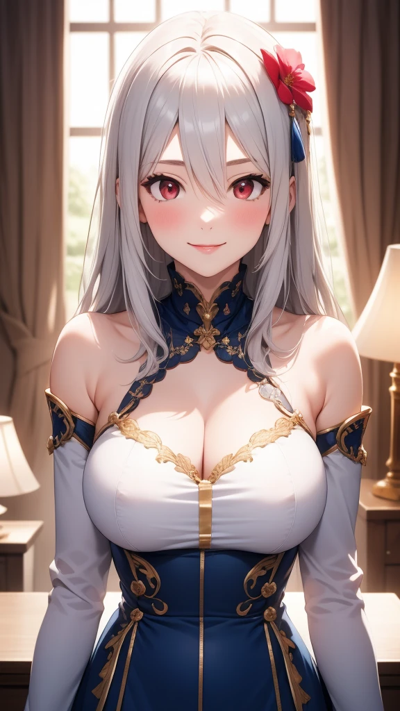 (masterpiece, Highest quality), Intricate details, One girl, alone, Long Hair, View your viewers, indoor, Arms crossed, smile, Removable sleeves, Gray Hair, curtain, Large Breasts, Red eyes, Exposing shoulders, Mouth closed, Long sleeve, Upper Body, dress, lamp, Picture Frame, blush, window, button, flower, No sleeve, Side Lock, Hair between the eyes, Arms under chest, Tassel, lips, Chair