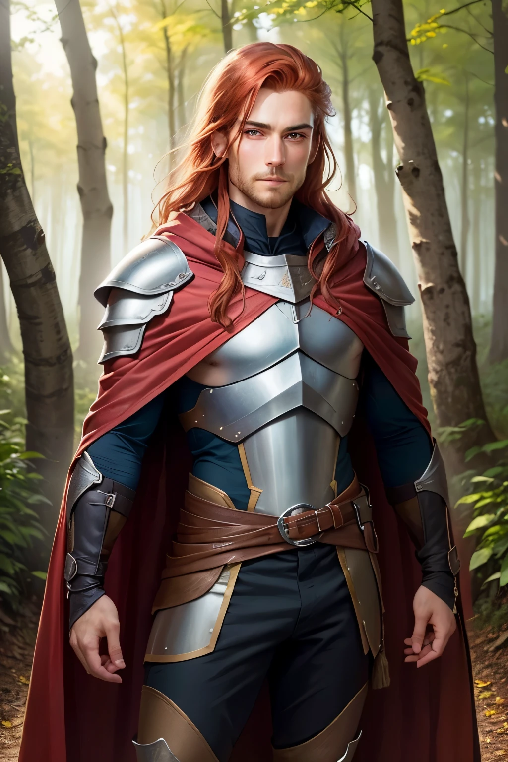 ((best qualityer)), ((work of art)), (detailded), A male Ranger. Born from the forest. Leather armor that blends in with the underbody and cape to become invisible. Long Light Red Hair with Chunky Design. Os olhos super detaildeds .His gaze would be intense and serious. highly detailed image .shy smile .wide chin.ready for action at any time.background an enchanted forest.
