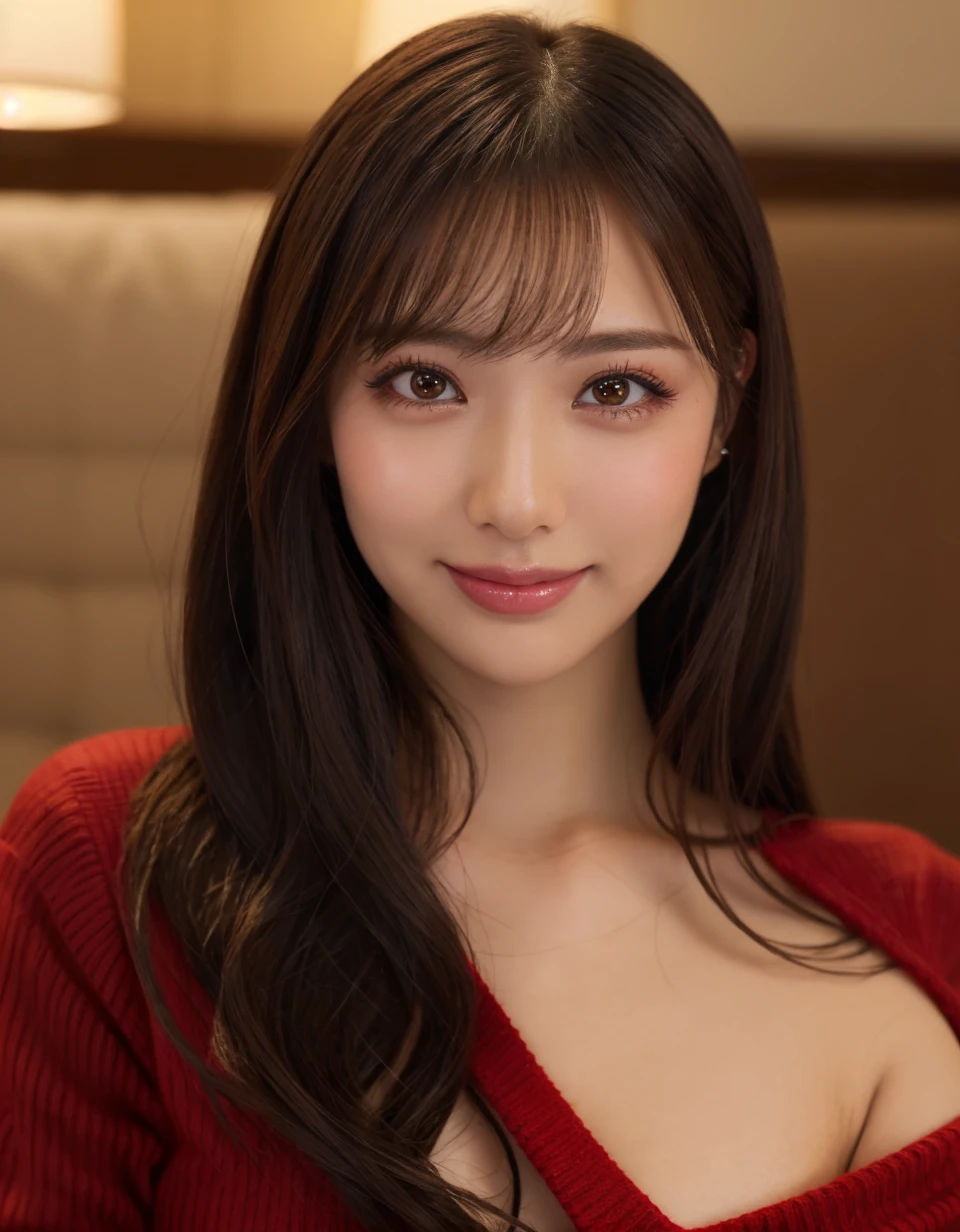 (highest quality、Tabletop、8k、Best image quality、Award-winning works)、(One Girl, 15 years old:1.1)、(Perfect V-neck long knit red sweater:1.3)、Red eyeshadow、Perfect Makeup、Long eyelashes、Ultra-high definition sparkling eyes、Ultra HD Hair、Ultra High Resolution Glossy Lips、Ultra HD cute face、Brown Hair、Big Breasts、Cleavage、Look at me and smile、Accurate anatomy、Face close-up、Luxury Love Hotel、(The most atmospheric and warm lighting:1.1)、Blurred Background