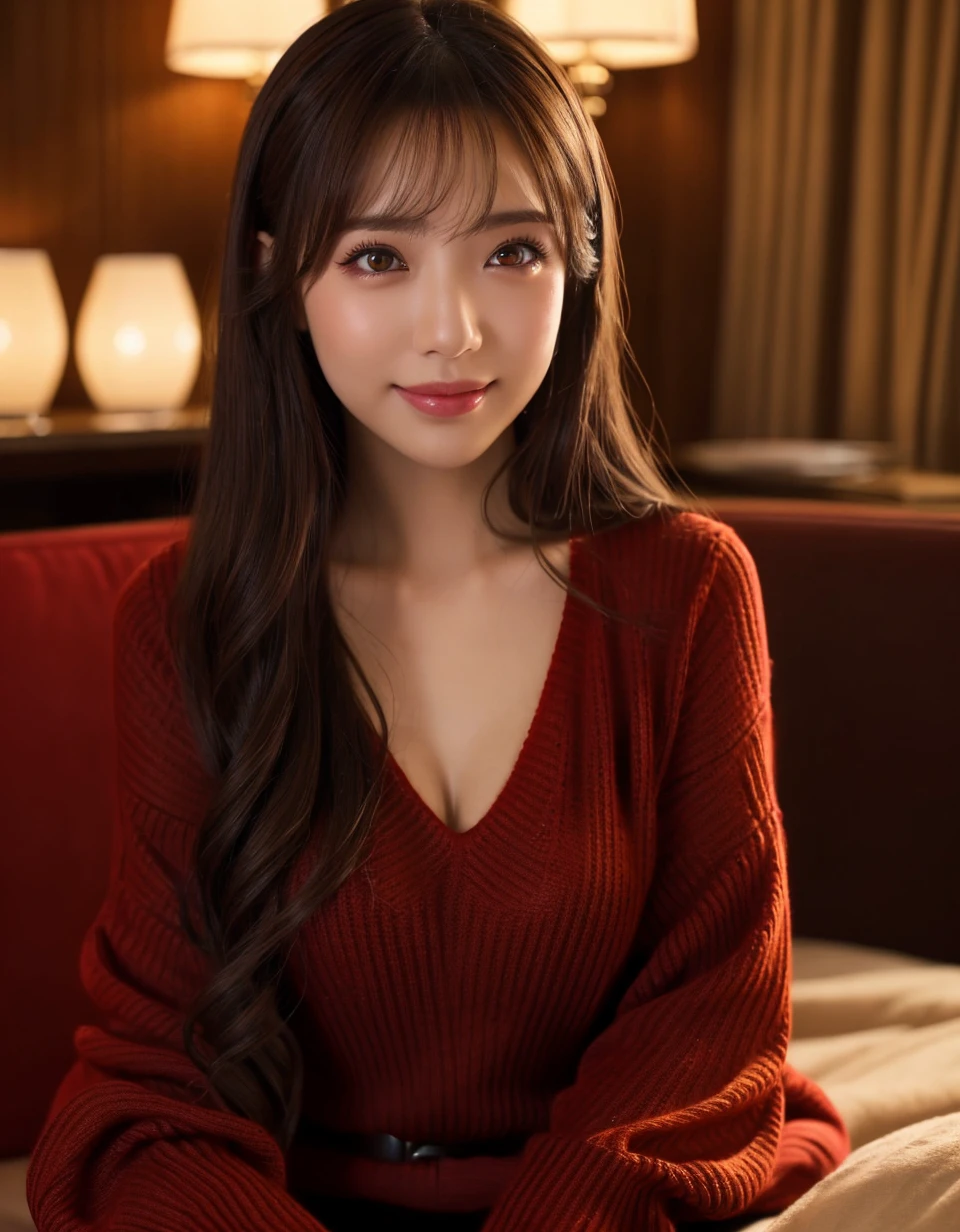 (highest quality、Tabletop、8k、Best image quality、Award-winning works)、(One Girl, 15 years old:1.1)、(Perfect V-neck long knit red sweater:1.3)、Red eyeshadow、Perfect Makeup、Long eyelashes、Ultra-high definition sparkling eyes、Ultra HD Hair、Ultra High Resolution Glossy Lips、Ultra HD cute face、Brown Hair、Big Breasts、Cleavage、Look at me and smile、Accurate anatomy、Face close-up、Luxury Love Hotel、(The most atmospheric and warm lighting:1.1)、Blurred Background