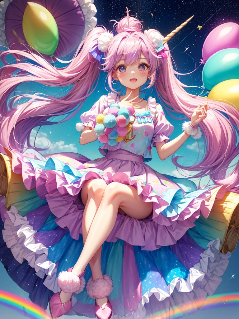 (whole body, legs and shoes visible: 1.2)) Expressive eyes, One girl, Pale skin, Long Hair, Windblown Hair, ((absurdly Long Hair)), Long Side Lock, Princess bangs, Hair bangs, Hair Bun, ((Very long twin tails)), Rainbow Hair, Light pink hair, blush, full face blush, big sparkling Pastel Purple eyes, (Gradient Eye), Laughing with your mouth open, cute pose, ((Holding a balloon : 1.3)) ((cute and pastel fashion)) ((🦄🎠🎈🎉 theme : 1.4)) A loose pastel dress, ((Dreamy multi-colored open dress)), (Floating ribbon), Lavender Frill, Pink frills, (Light blue lace), Removable short sleeves, Fluffy skirt, ((Rainbow and star printed skirt : 1.3)), Lolita Skirt, Purple ribbon, ((pom pom ribbon hair ornament : 1.4)), Multiple Bows, Striped lace stockings, (heart型のレッグガーター), cute (Pastel Purple) shoes ((Ultra-detailed clothing and fashion)) I&#39;m watching you, Vintage Girl, blush, (Beautiful attention to detail), (Highly detailed CG Unity 8k wallpaper) (Best Shadow), ((Very delicate and beautiful)), (Detailed light), ((Depth of written boundary)) Big Head, Big, bright eyes, Moe, Splash Art, Cinema Lighting, Front view, volumetric lighting maximalist photo illustration k resolution high resolution intricate detailed complex key visuals precise linear ((Dreamy pastel sky background, Surrounded by sunset clouds, shooting star, Castle above the clouds)) ((Ultra-detailed landscapes, Foggy clouds, Hung by balloons, heart : 1.3))