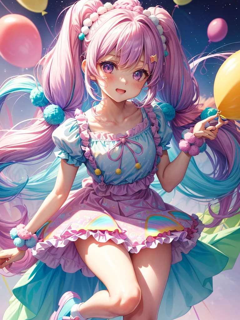 (whole body, legs and shoes visible: 1.2)) Expressive eyes, One girl, Pale skin, Long Hair, Windblown Hair, ((absurdly Long Hair)), Long Side Lock, Princess bangs, Hair bangs, Hair Bun, ((Very long twin tails)), Rainbow Hair, Light pink hair, blush, full face blush, big sparkling Pastel Purple eyes, (Gradient Eye), Laughing with your mouth open, cute pose, ((Holding a balloon : 1.3)) ((cute and pastel fashion)) ((🦄🎠🎈🎉 theme : 1.4)) A loose pastel dress, ((Dreamy multi-colored open dress)), (Floating ribbon), Lavender Frill, Pink frills, (Light blue lace), Removable short sleeves, Fluffy skirt, ((Rainbow and star printed skirt : 1.3)), Lolita Skirt, Purple ribbon, ((pom pom ribbon hair ornament : 1.4)), Multiple Bows, Striped lace stockings, (heart型のレッグガーター), cute (Pastel Purple) shoes ((Ultra-detailed clothing and fashion)) I&#39;m watching you, Vintage Girl, blush, (Beautiful attention to detail), (Highly detailed CG Unity 8k wallpaper) (Best Shadow), ((Very delicate and beautiful)), (Detailed light), ((Depth of written boundary)) Big Head, Big, bright eyes, Moe, Splash Art, Cinema Lighting, Front view, volumetric lighting maximalist photo illustration k resolution high resolution intricate detailed complex key visuals precise linear ((Dreamy pastel sky background, Surrounded by sunset clouds, shooting star, Castle above the clouds)) ((Ultra-detailed landscapes, Foggy clouds, Hung by balloons, heart : 1.3))