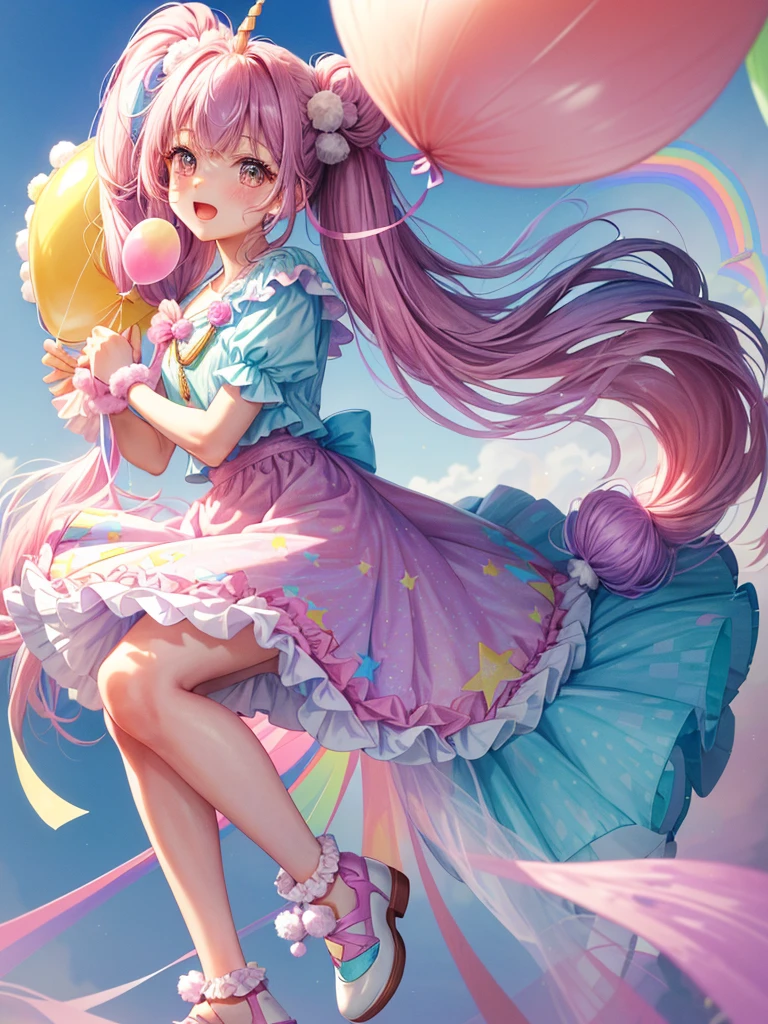 (whole body, legs and shoes visible: 1.2)) Expressive eyes, One girl, Pale skin, Long Hair, Windblown Hair, ((absurdly Long Hair)), Long Side Lock, Princess bangs, Hair bangs, Hair Bun, ((Very long twin tails)), Rainbow Hair, Light pink hair, blush, full face blush, big sparkling Pastel Purple eyes, (Gradient Eye), Laughing with your mouth open, cute pose, ((Holding a balloon : 1.3)) ((cute and pastel fashion)) ((🦄🎠🎈🎉 theme : 1.4)) A loose pastel dress, ((Dreamy multi-colored open dress)), (Floating ribbon), Lavender Frill, Pink frills, (Light blue lace), Removable short sleeves, Fluffy skirt, ((Rainbow and star printed skirt : 1.3)), ta Skirt, Purple ribbon, ((pom pom ribbon hair ornament : 1.4)), Multiple Bows, Striped lace stockings, (heart型のレッグガーター), cute (Pastel Purple) shoes ((Ultra-detailed clothing and fashion)) I&#39;m watching you, Vintage Girl, blush, (Beautiful attention to detail), (Highly detailed CG Unity 8k wallpaper) (Best Shadow), ((Very delicate and beautiful)), (Detailed light), ((Depth of written boundary)) Big Head, Big, bright eyes, Moe, Splash Art, Cinema Lighting, Front view, volumetric lighting maximalist photo illustration k resolution high resolution intricate detailed complex key visuals precise linear ((Dreamy pastel sky background, Surrounded by sunset clouds, shooting star, Castle above the clouds)) ((Ultra-detailed landscapes, Foggy clouds, Hung by balloons, heart : 1.3))