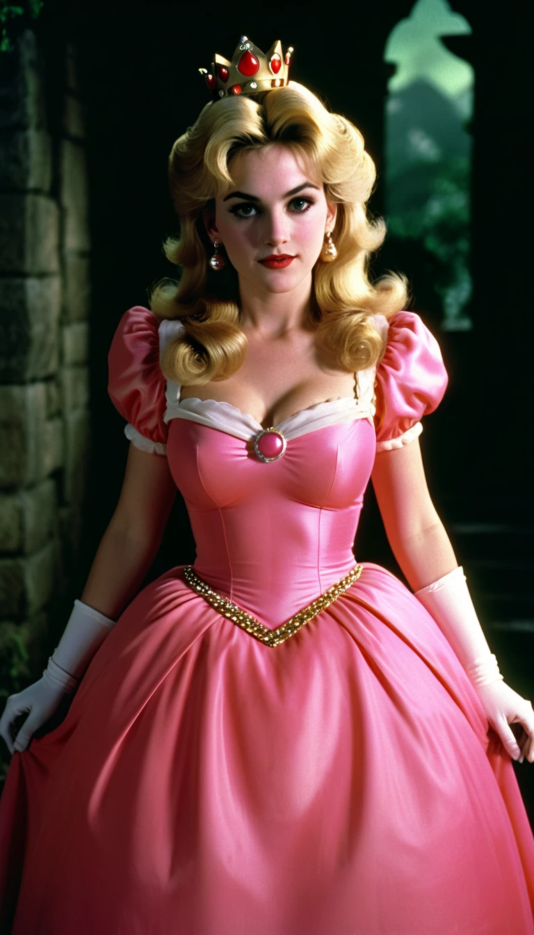princess peach character from the game super mario bros, dvd screenshot, cinematic lighting, 1980s video, realistc, vhs, dark fantasy ambient