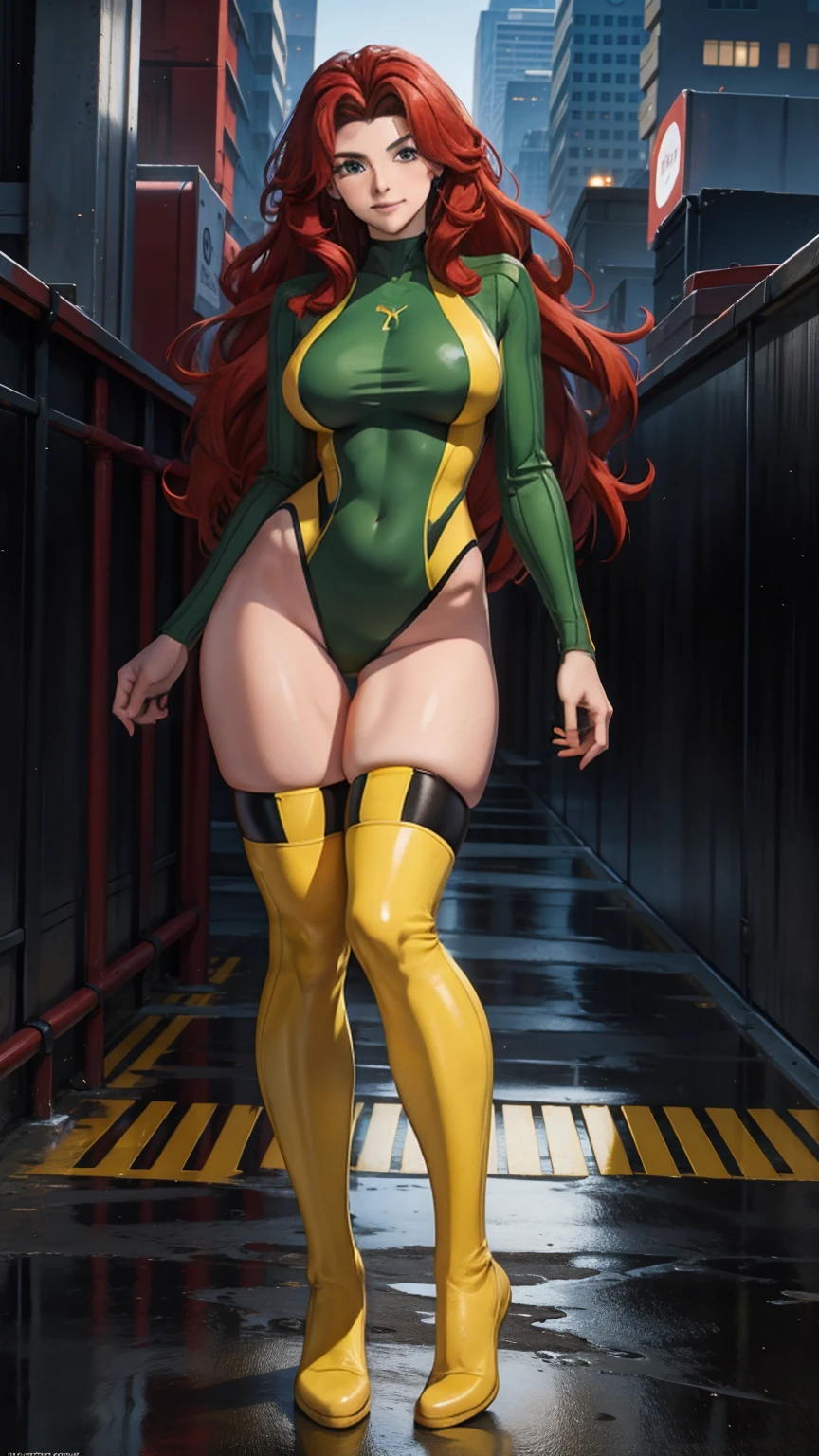 ((Full body photo, standing, feet on the floor)) (best quality,4k,8k,highres,masterpiece:1.2),ultra-detailed,(realistic,photorealistic,photo-realistic:1.37),full body shot,Rogue,X-Men,yellow thigh high boots,beauty pose, standing tall, show feet, outside, city rooftop at night, green headband
