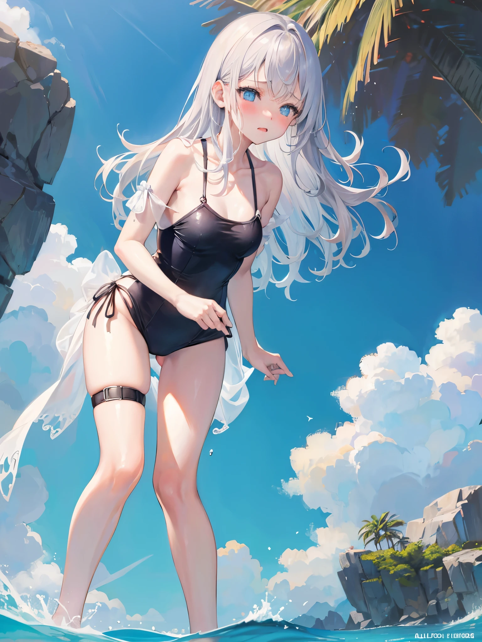 Random patterned swimsuit、Random patterned swimsuit,Swimsuit,Blushing、Medium semi-long hair、Silver Hair、Pale blue eyes　、Head to toe full body、Blushing、Embarrassed look、Composition from the front、A view from slightly below、school swimwear、Acme Face、Random pose、, 、nsfw、Highest quality、1 girl、solo、Ocean、Sandy Beach、Sexy pose、Random pose、Blushing、Wet、Embarrassed、I can see half of my 、、One piece swimsuit、(Strap slip:1.3)、