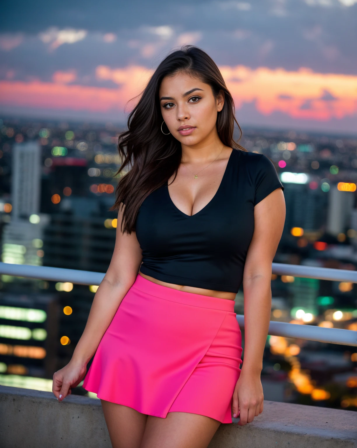 portrait photo of a beautiful extremely curvy brunette Mexican supermodel. portrait photo of a beautiful curvy young woman, with a seductive look (pursed lips) with arms spread. she has large breasts, large ass, and a skinny waist. overlooking Miami in the background at night. (multi-colored mini skirt) hyperrealistic, stunning, attractive, pretty, cute, feminine, perfect face. (high detailed skin:1.2), 8k uhd, dslr, soft lighting, high quality, film grain, Fujifilm XT3, (establishing shot:1.5), perfect hand. shallow depth of field, vignette, highly detailed, high budget, bokeh, cinemascope, moody, epic, gorgeous, film grain, grainy, Extremely Realistic, photo r3al, perfect eyes, more saturation, inst4 style, no blemishes, neon lite photoshoot (close-up face photo). absolute cleavage.