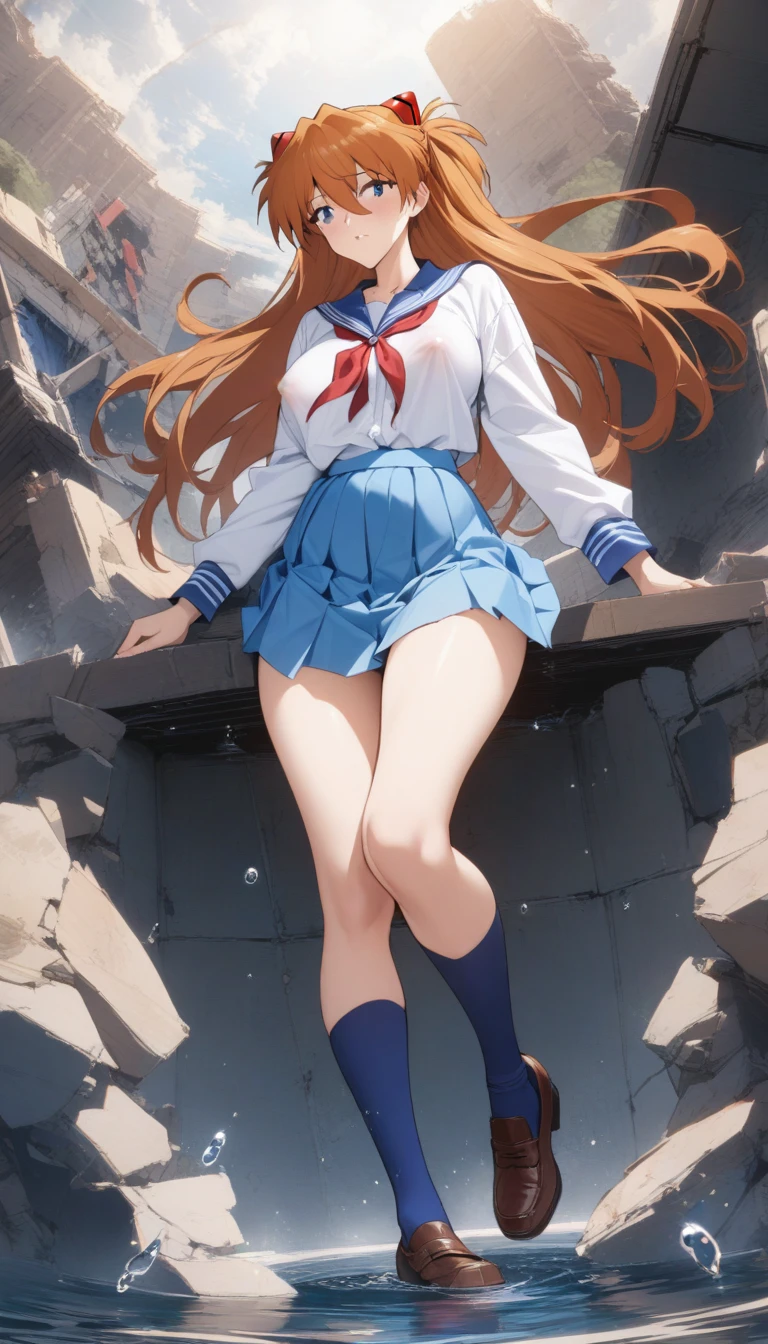 masterpiece, best quality, very aesthetic, absurdres, 1girl, mature_lady, ,souryuu asuka langley, neon genesis evangelion, rebuild of evangelion, long orange hair,,blue_sailor_collar, blue_skirt, pleated_skirt, blue_socks, long_sleeves, brown_footwear, loafers,in heaven,floating droplets of water,covered_nipples, (areola_slip:0.8)