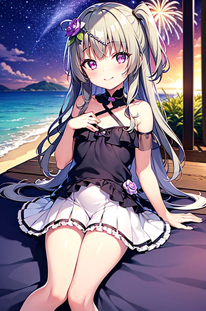 Himari Meimei, masterpiece, Voluptuous thighs, petit body, little young girl, flat chest, {1 Girl}, Cute and erotic smile, Highly detailed sparkling purple eyes, summer night, fireworks,  困り眉, open legs, legs up, brilliant silver grey hair, lying on beach bed, 