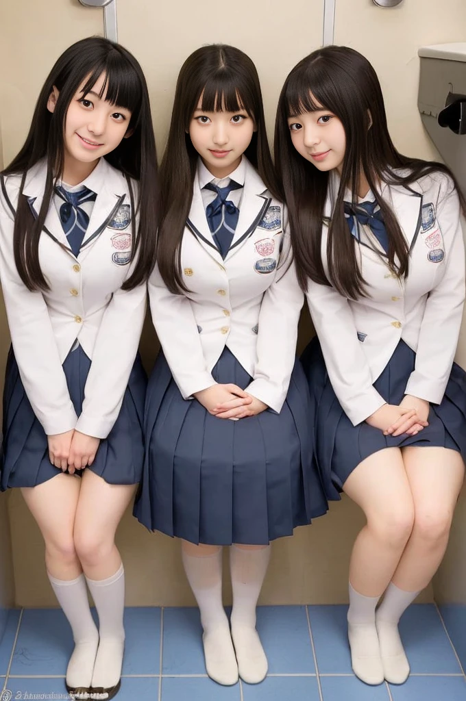 Three super beautiful Japanese high school girls、In uniform、Super fat、Super long straight hair、Big Breasts、Big Ass、Small private toilet in school、Sit together in the only toilet、Looks cramped