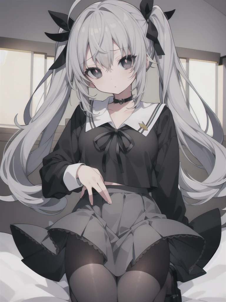 sorakasugano, sora kasugano, ahoge, (black eyes:1.5), hair between eyes, hair ribbon, long hair, twintails, black ribbon, white hair, (flat chest:1.2),
BREAK porn, Show your breasts, Lace bra, loafers, long sleeves, miniskirt, pantyhose, pleated skirt, sailor collar, , serafuku, , white sailor collar, white serafuku,
BREAK looking at viewer,
BREAK indoors, bed room,
BREAK (masterpiece:1.2), best quality, high resolution, unity 8k wallpaper, (illustration:0.8), (beautiful detailed eyes:1.6), extremely detailed face, perfect lighting, extremely detailed CG, (perfect hands, perfect anatomy),