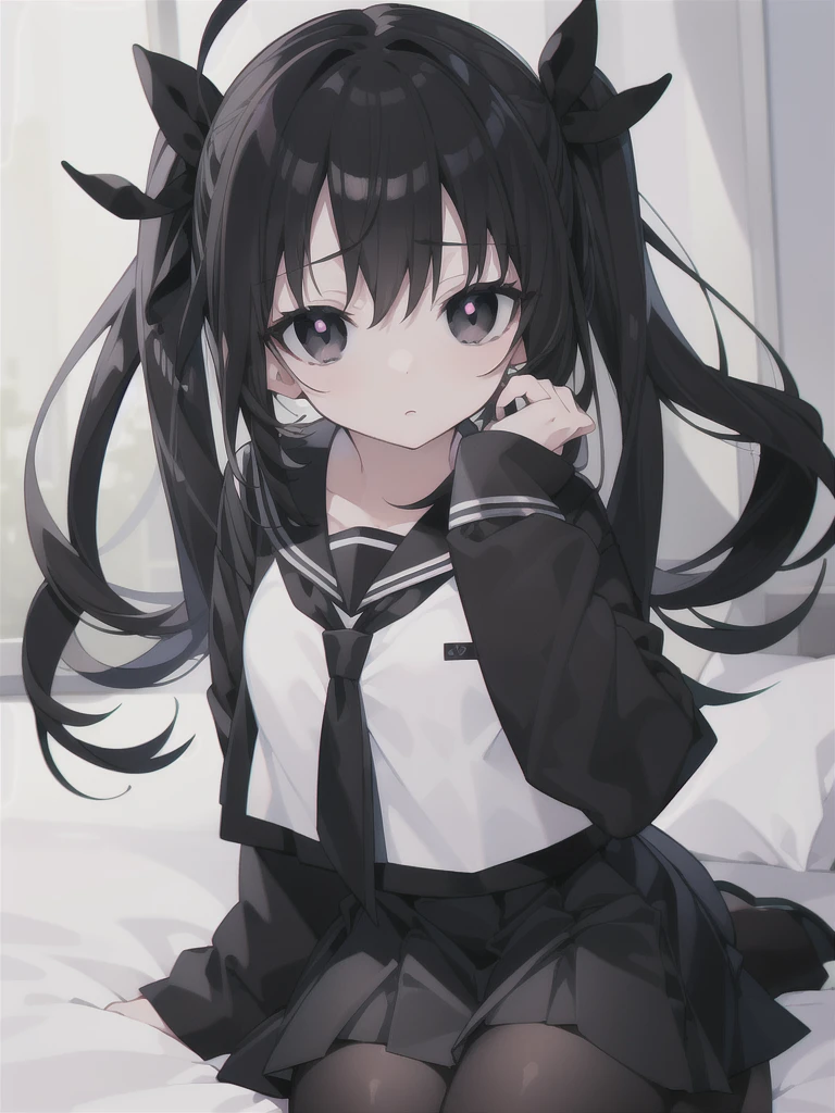 sorakasugano, sora kasugano, ahoge, (black eyes:1.5), hair between eyes, hair ribbon, long hair, twintails, black ribbon, white hair, (flat chest:1.2),
BREAK porn, Show your breasts, Lace bra, loafers, long sleeves, miniskirt, pantyhose, pleated skirt, sailor collar, , serafuku, , white sailor collar, white serafuku,
BREAK looking at viewer,
BREAK indoors, bed room,
BREAK (masterpiece:1.2), best quality, high resolution, unity 8k wallpaper, (illustration:0.8), (beautiful detailed eyes:1.6), extremely detailed face, perfect lighting, extremely detailed CG, (perfect hands, perfect anatomy),