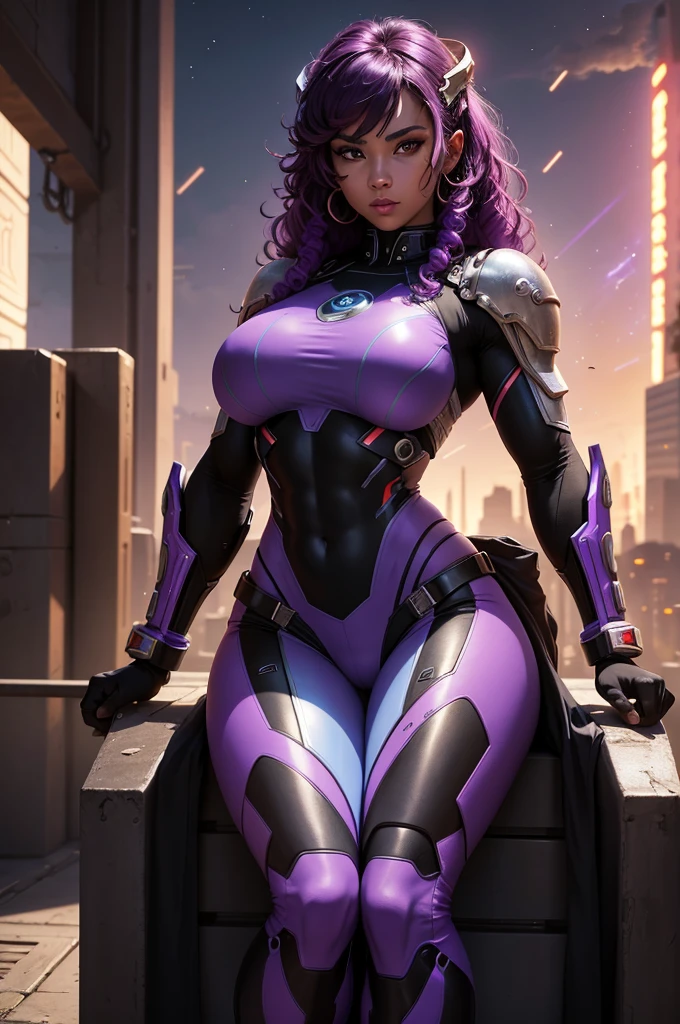 A beautiful, exuberant and young warrior android with black features, clone da deusa grega athena, with giant breasts, transformed into a super sensual and extremely muscular astronaut, fitness, fit bodybuilder and weightlifter, wearing very short, purple and very curly hair in locks, wearing cyberpunk battle clothes, exploring a mysterious planet in a sci-fi environment, sitting in the captain's chair in the control room and piloting a powerful spaceship and using a large handwriting "a" on his uniform and tattooed on his face in the form of a barcode