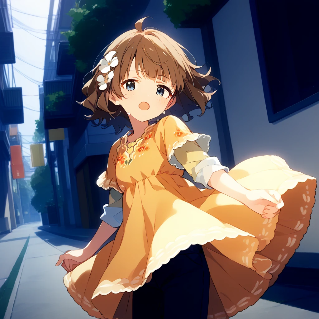score_9, score_8_up, score_7_up, source_anime, best quality, masterpiece, official art, absurdres, highres, ultra-detailed,waifu2x,Collection: Slice of Life,break,1girl, suou momoko, casual, ahoge, short hair, blue eyes, eyebrows visible through hair, wavy hair, blunt bangs, yellow dress, print dress, floral print, yellow shirt, short over long sleeves, layered sleeves, hair ornament, hair flower, white flower, black pants, pants under dress, capri pants, pants rolled up, sweat, open mouth, (yawn:0.3), sleepily, outdoors, wind,break,(clear line illustration:1.2), super detailed skin,very high resolution, very aesthetic, Best sexual lighting powered by famous artist, 8k,cute picture,beauty illustration,photoshop_(medium),,(Detailed Lighting),best anime 8k konachan wallpaper, pixiv contest winner,