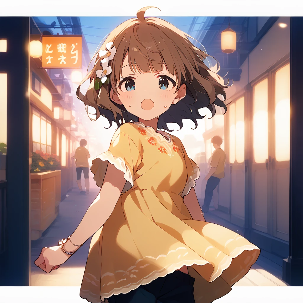 score_9, score_8_up, score_7_up, source_anime, best quality, masterpiece, official art, absurdres, highres, ultra-detailed,waifu2x,Collection: Slice of Life,break,1girl, suou momoko, casual, ahoge, short hair, blue eyes, eyebrows visible through hair, wavy hair, blunt bangs, yellow dress, print dress, floral print, yellow shirt, short over long sleeves, layered sleeves, hair ornament, hair flower, white flower, black pants, pants under dress, capri pants, pants rolled up, sweat, open mouth, (yawn:0.3), sleepily, outdoors, wind,break,(clear line illustration:1.2), super detailed skin,very high resolution, very aesthetic, Best sexual lighting powered by famous artist, 8k,cute picture,beauty illustration,photoshop_(medium),,(Detailed Lighting),best anime 8k konachan wallpaper, pixiv contest winner,