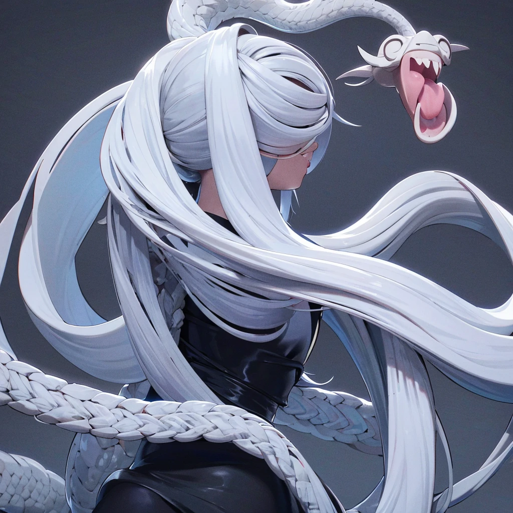 A woman with silver hair with a gray snake wrapped around her and her tongue sticking out