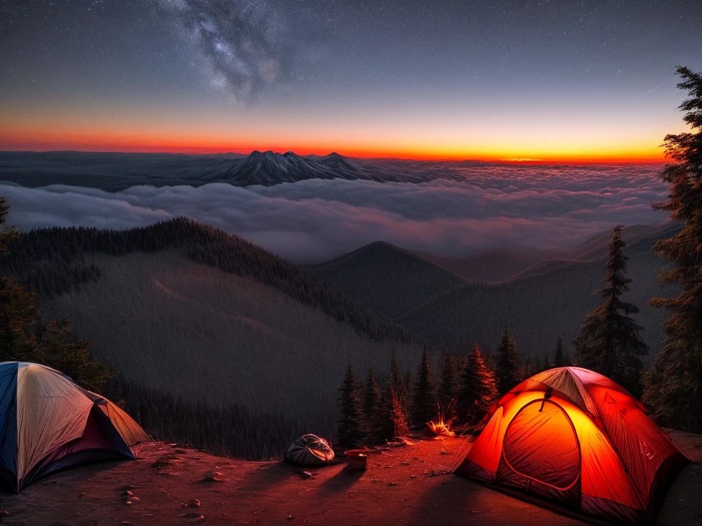 camping at night at a mountain to overlooking the sunset in far horizon