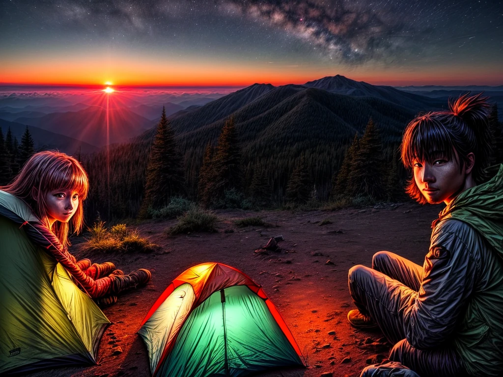 camping at night at a mountain to overlooking the sunset in far horizon
