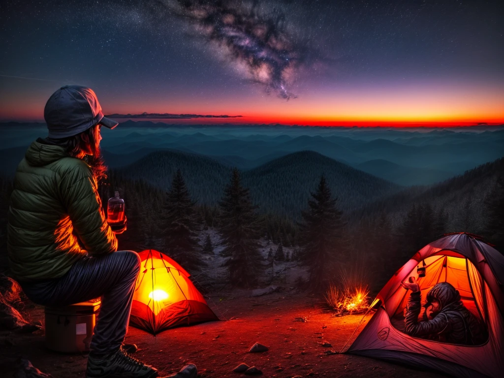 Two beautiful young women, one brunette, one blonde, no clothing, staring at each other, sitting next to a campfire in the grass, outdoors at night, camping tent, mountain meadow, 8 k sensual lighting, night outdoors, under the stars, 4k extremely photorealistic, 4 k extremely photorealistic, at a campfire at night, watching the stars at night, cgsociety uhd 4k highly detailed, trending on cgstation, night time with starry sky, attractive pose