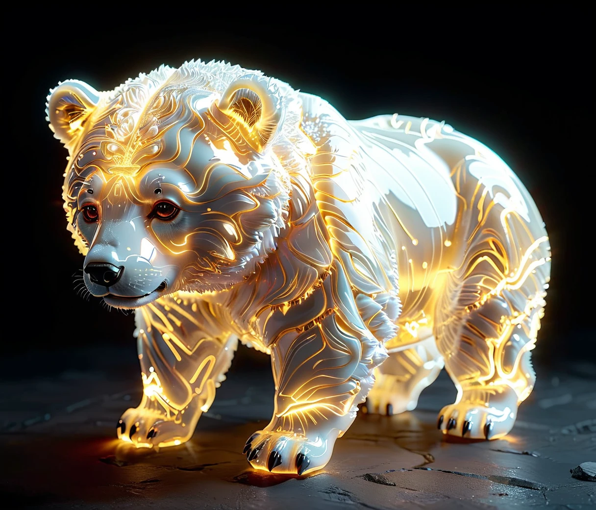 gl4ssj3m, glass white bear cub, glowneon, vibrant neon, intricate details, extremely detailed, best quality, hires textures, cinematic lighting, casting a gentle glow on its surroundings, warm light 