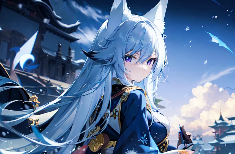 (best quality,high resolution,masterpiece:1.2),(Flattening art:0.7), masterpiece, best quality, 1 female, Japanese cartoons, darker environment, Long white hair, ao dai, Blue Devil Eye, White Fox Ears, Large Breasts, White fox tail, Tempting, night, dark, Looking at the audience, Solitary, winter, snow, Faint moonlight, Triumphant face, close up