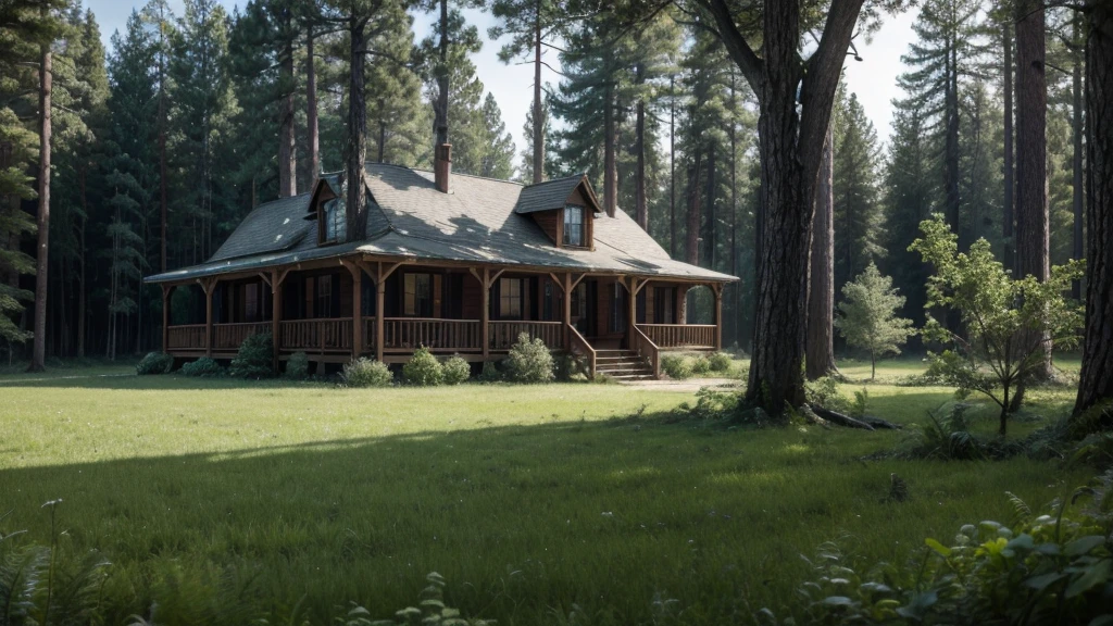 FOREST WITH A HOUSE IN THE MIDDLE WITH A CLIMATE OF TERROR. LEAVE ONLY THE HOUSE, DO NOT PUT TREES IN THE SCENE