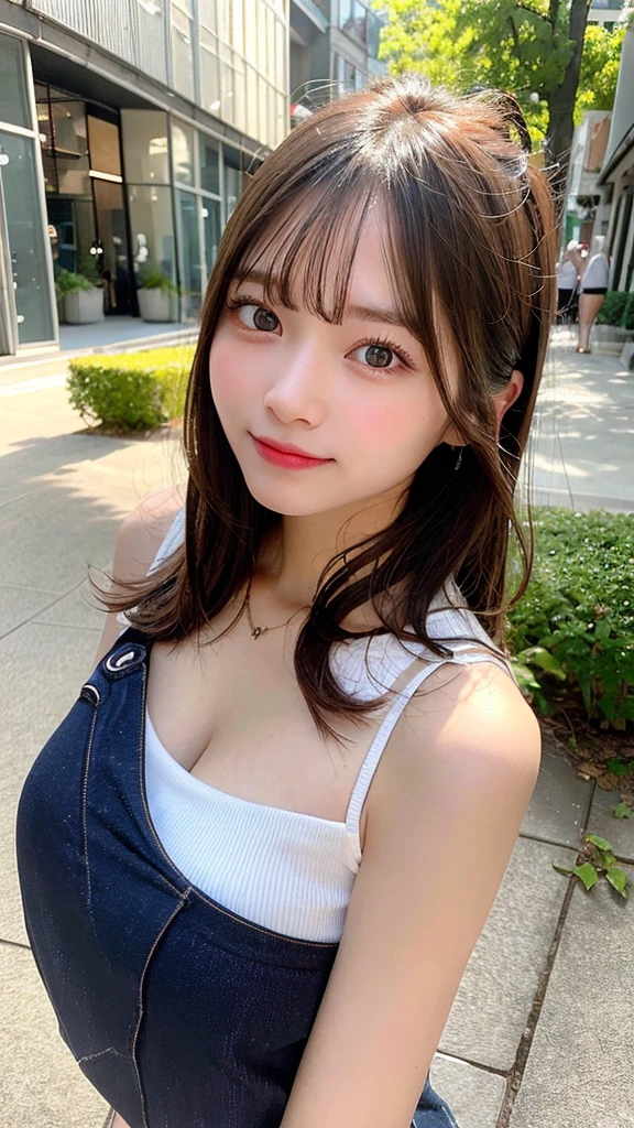 highest quality, shape, Very detailed, finely, High resolution, 8k wallpaper, Perfect dynamic shape, Beautiful and detailed, Summer clothes,Medium Hair,Natural color lip,smile,20-year-old girl、Midnight、Beautiful and elaborate face、Perfect and beautiful face、Slim face and figure,spread your arms wide,Big eyes,Take a photo with your face raised from below your knees、Small face、Beautifully detailed face、Perfect and beautiful double eyelids、Big cleavage、Long, Slender legs、One Woman、gravure、Skinny jeans、Watching the audience、run