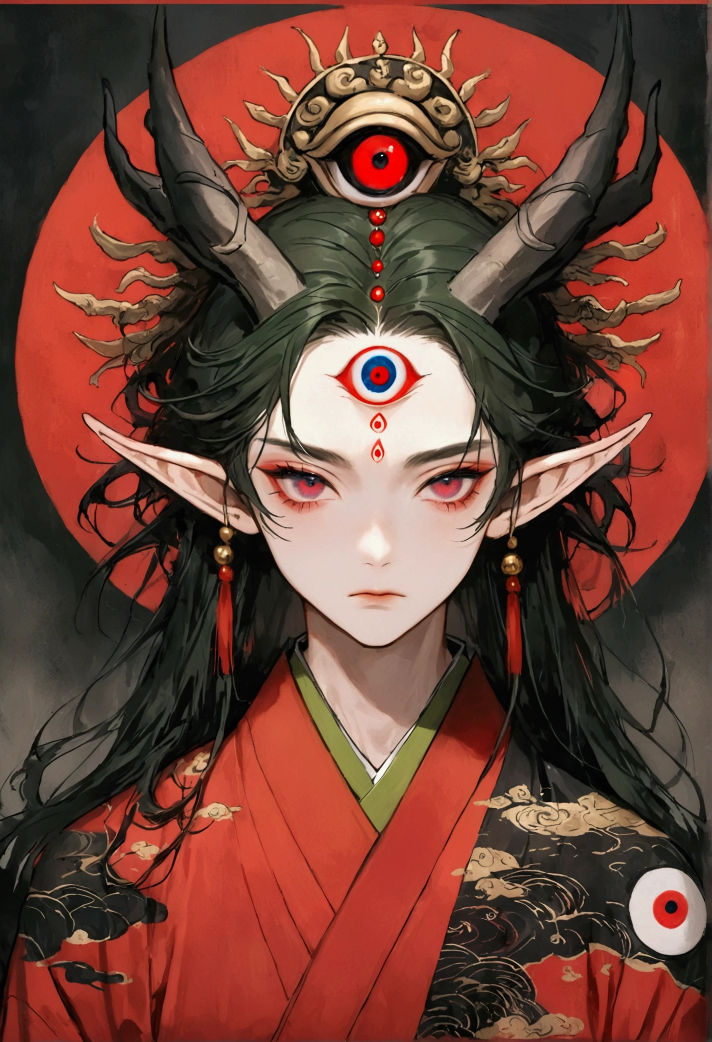 Digital board painting,Digital Illustration,Art Illustration,Dark Style,(((1 Boy,独奏,third eye on the forehead,Elf ears))),(((Gorgeous Japanese red kimono:1.6,Eye Diagram,Dark Pattern))).(((Thin waist,Greenbelt:1.37)))whole body