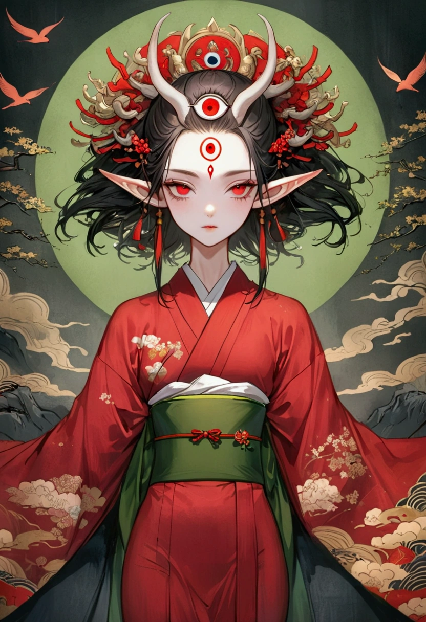 Digital board painting，Digital Illustration，Art Illustration，Dark Style，(((1 Boy，独奏，third eye on the forehead，Elf ears))),(((Gorgeous Japanese red kimono：1.6，Eye Diagram，Dark Pattern))).(((Thin waist，Greenbelt：1.37)))whole body